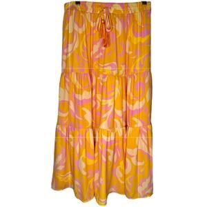 Rose & Olive Tiered Midi Skirt Size S Yellow Pink Retro Printed Drawstring